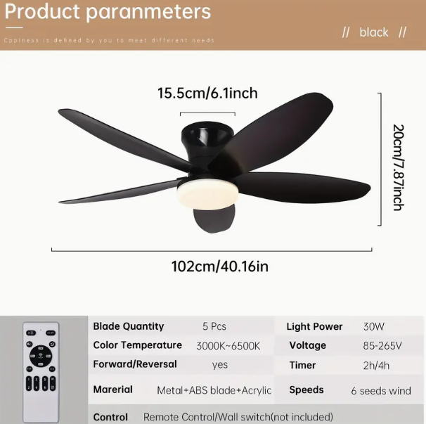 40.1 inch Ceiling Fan Light with Five Long Leaf Blades, Adjustable 3-Color Temperature and 6-Speed Integrated Appliance for Indoor Bedroom or Living Room, Simple Traditional Design with Remote Control
