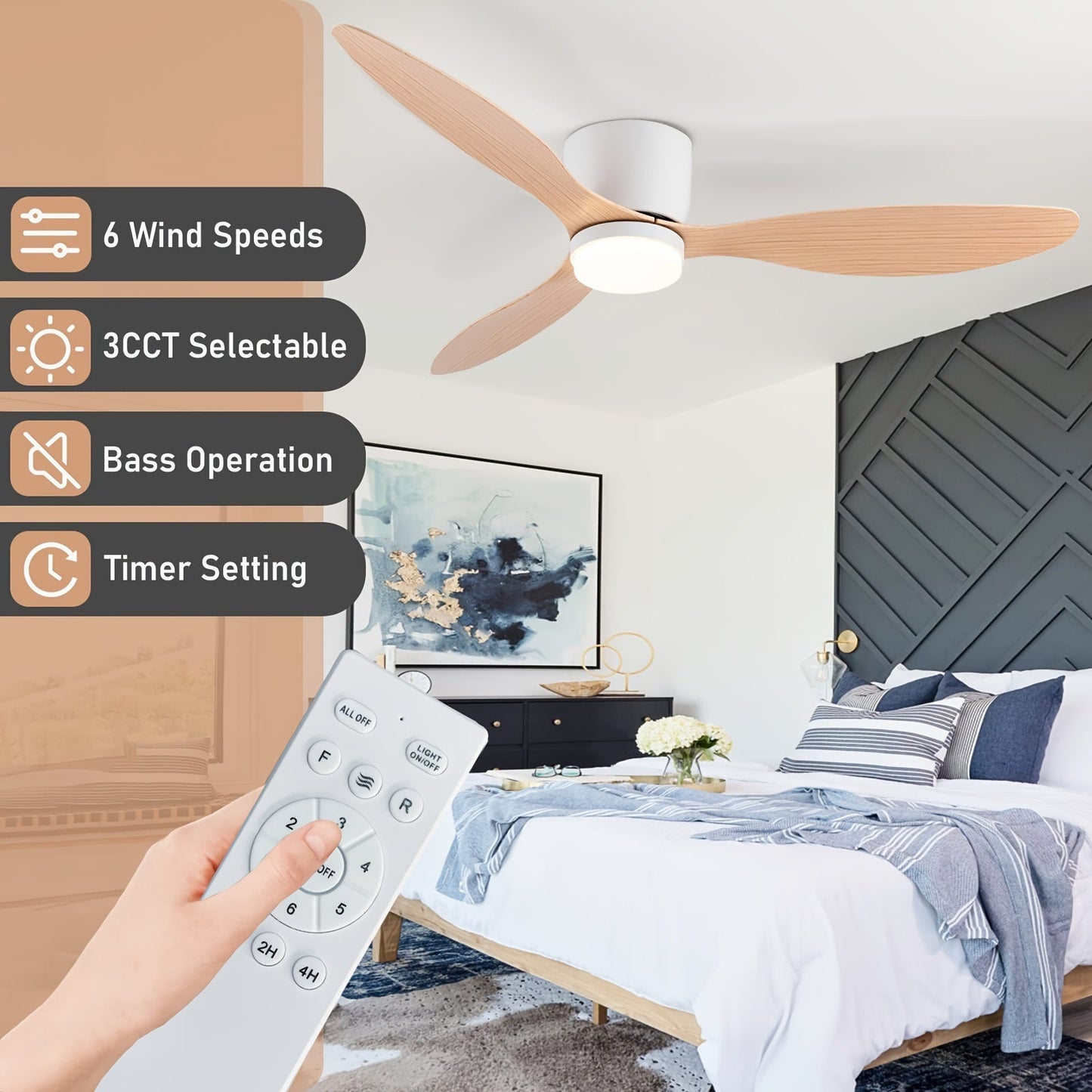 42 Inch Modern Ceiling Fan with LED Lights and Remote, 3CT Adjustable Color Temperature, 6 Wind Speeds, 3 Blades, Indoor Use for Living Room, Bedroom, Dining Room, Hardwired, 85V-265V, CY01-FAN-2