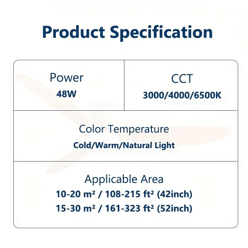 42 Inch Modern Ceiling Fan with LED Lights and Remote, 3CT Adjustable Color Temperature, 6 Wind Speeds, 3 Blades, Indoor Use for Living Room, Bedroom, Dining Room, Hardwired, 85V-265V, CY01-FAN-2