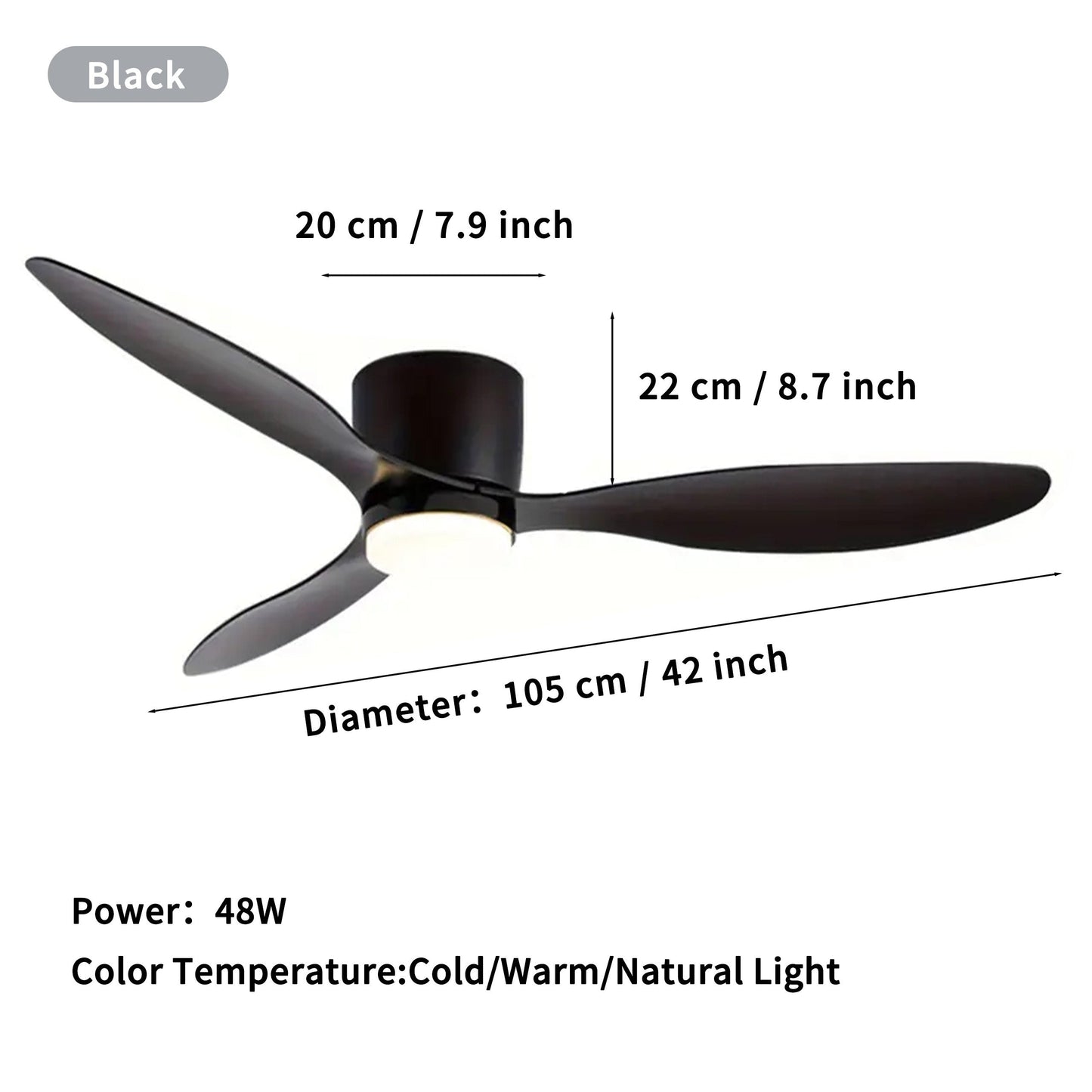 42 Inch Modern Ceiling Fan with LED Lights and Remote, 3CT Adjustable Color Temperature, 6 Wind Speeds, 3 Blades, Indoor Use for Living Room, Bedroom, Dining Room, Hardwired, 85V-265V, CY01-FAN-2