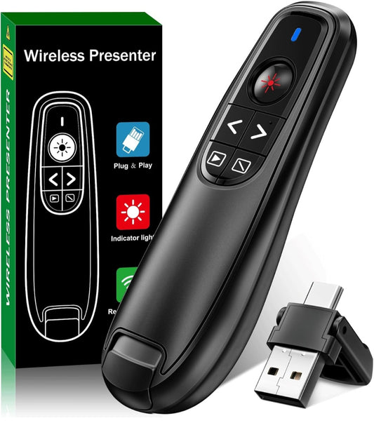 2-in-1 USB Type C Presentation Clicker, Wireless Presentation Clicker PowerPoint Presenter Remote with Volume Control, Powerpoint Clicker with Slide Advancer for Computer/Laptop/Mac