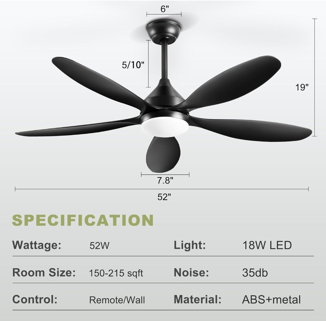 52’’ Ceiling Fan With Lights and Remote, Black Ceiling Fans with 5 Blades, 6 Speeds, 3 Colors Dimmable, Reversible DC Motor, Large Outdoor Ceiling Fan for Bedroom Living Room Patio Garage