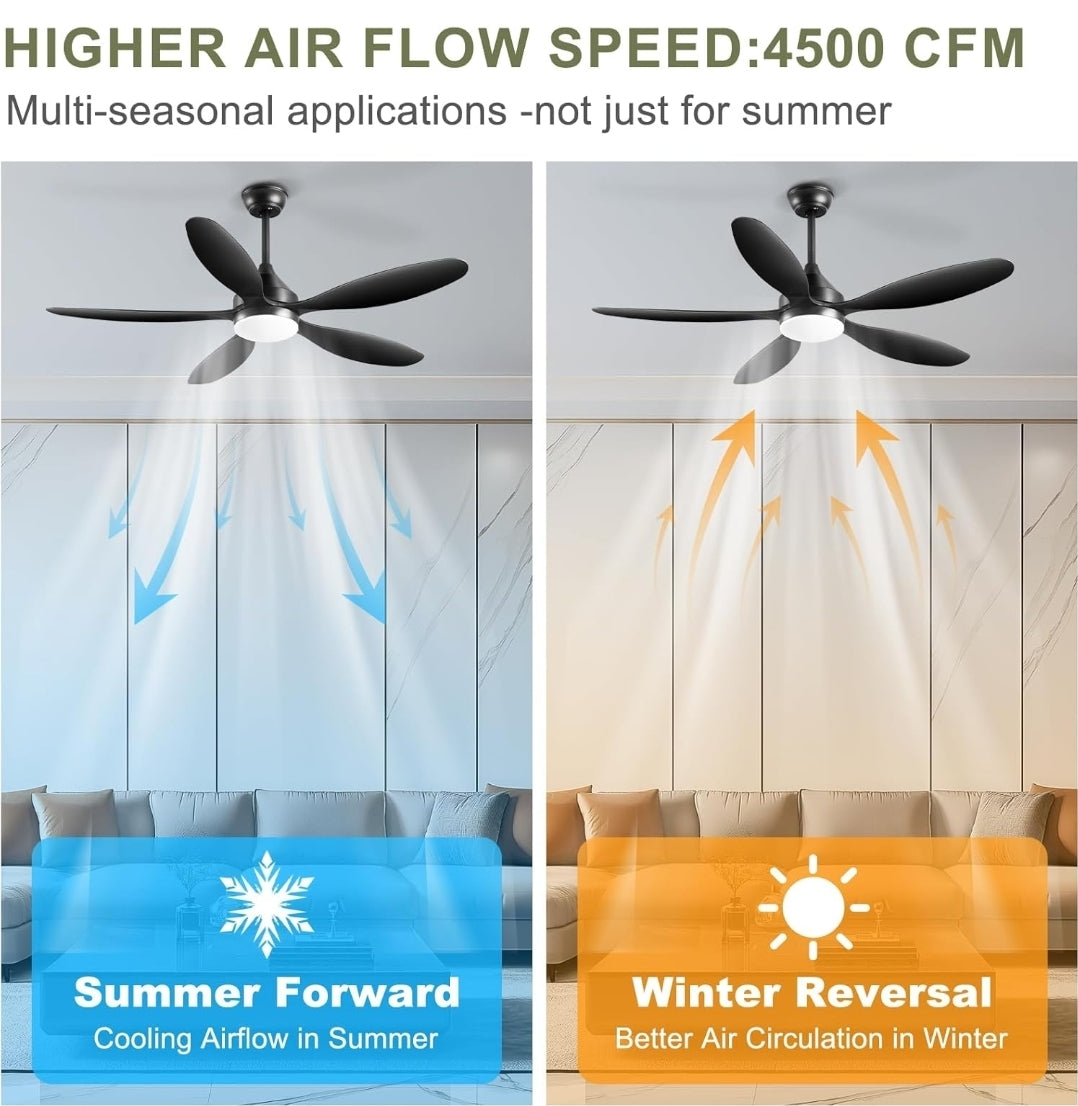 52’’ Ceiling Fan With Lights and Remote, Black Ceiling Fans with 5 Blades, 6 Speeds, 3 Colors Dimmable, Reversible DC Motor, Large Outdoor Ceiling Fan for Bedroom Living Room Patio Garage