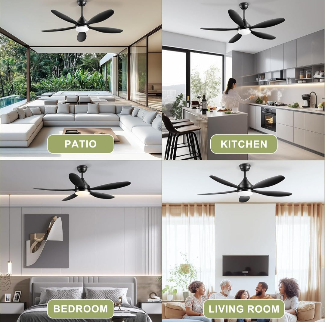52’’ Ceiling Fan With Lights and Remote, Black Ceiling Fans with 5 Blades, 6 Speeds, 3 Colors Dimmable, Reversible DC Motor, Large Outdoor Ceiling Fan for Bedroom Living Room Patio Garage