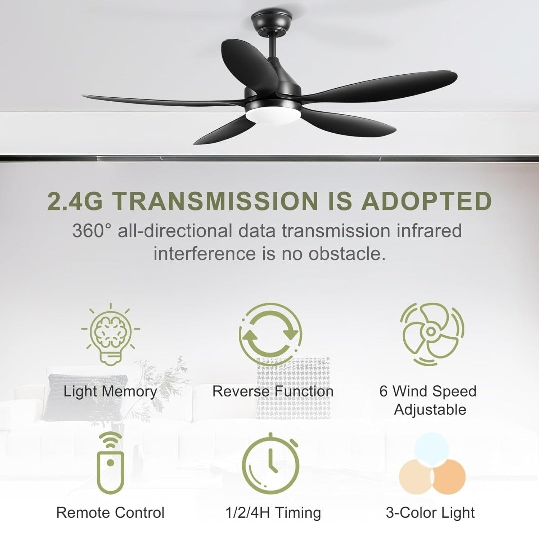 52’’ Ceiling Fan With Lights and Remote, Black Ceiling Fans with 5 Blades, 6 Speeds, 3 Colors Dimmable, Reversible DC Motor, Large Outdoor Ceiling Fan for Bedroom Living Room Patio Garage